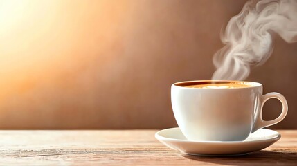 A steaming cup of coffee on a rustic wooden table, creating a warm and inviting atmosphere. The soft light enhances the rich colors of the coffee and delicate steam.
