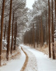 Peaceful Winter Path for Christmas and New Years Snowy Forest with Frost-Covered Trees