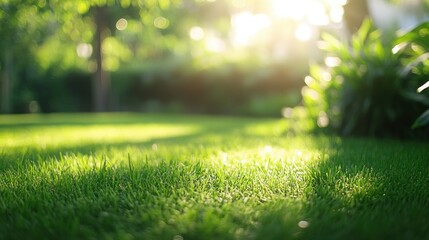 Naklejka premium Beautiful green grass with sunlight and bokeh effect in the morning