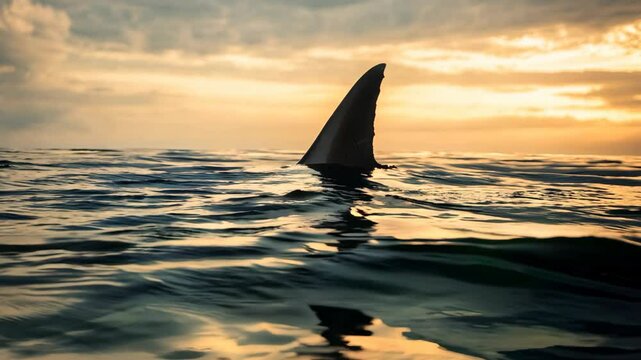 shar fin on river surface against sunset light 