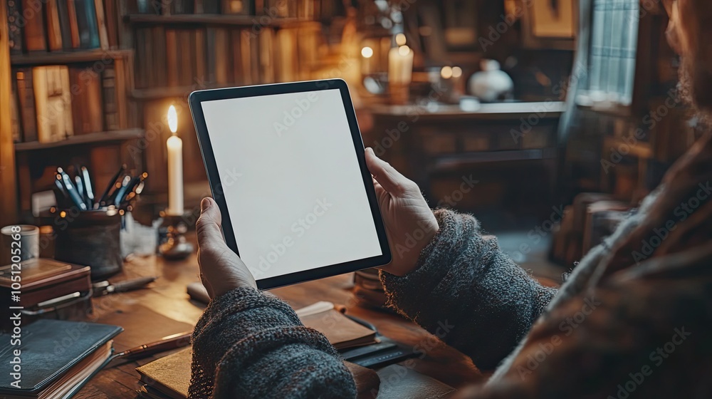 Poster man holding tablet with blank white screen, seated at desk with various items such as books and pens.image