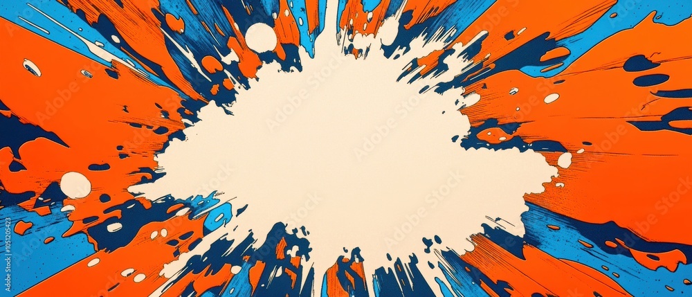 Poster colorful abstract splash design with dynamic orange and blue elements on a blank canvas.
