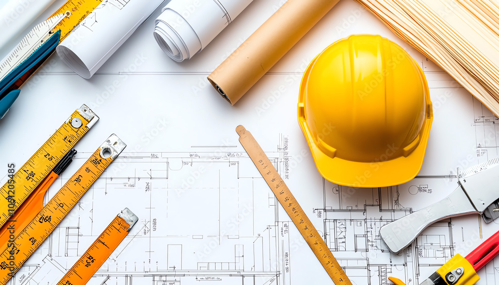 Poster detailed closeup of a blueprint featuring design elements tools and construction materials for archi