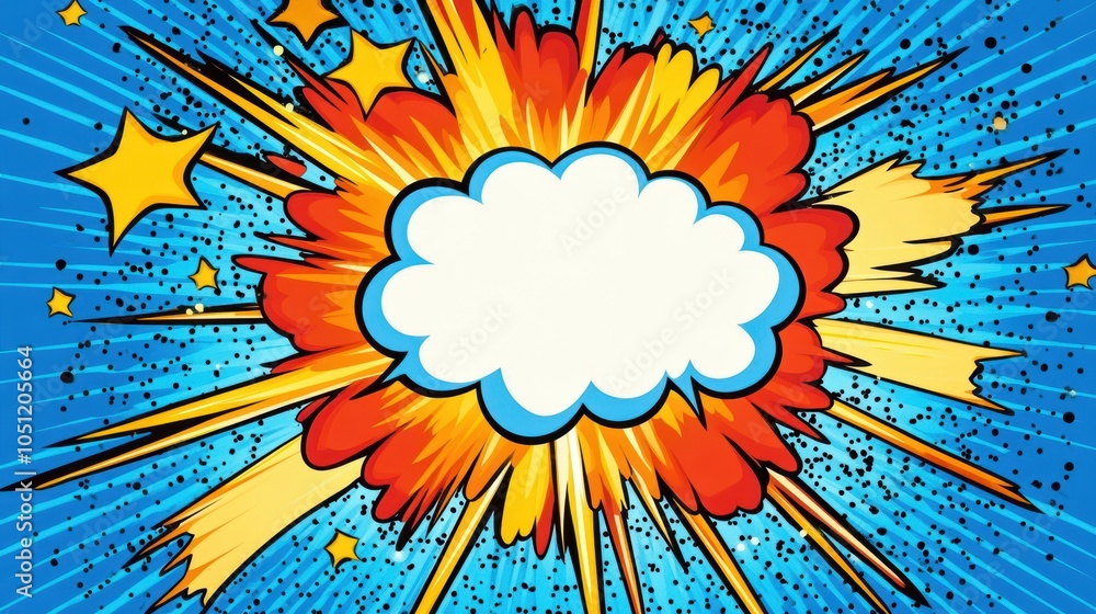 Poster colorful comic-style explosion with dynamic lines and empty speech bubble on a vibrant blue backgrou