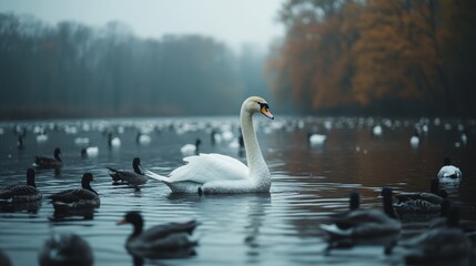 A majestic swan standing out in a pond full of common ducks, its poised movements and sleek white form creating a picture of natural elegance