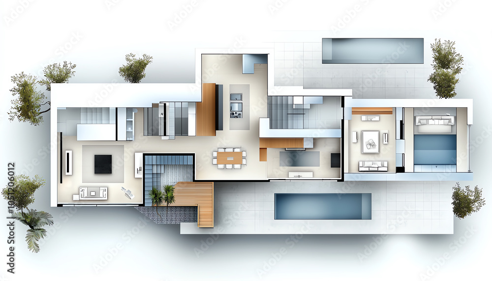 Poster comprehensive architectural blueprint of a luxurious home featuring sophisticated design elements an