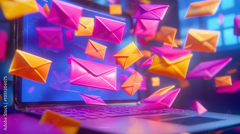 Aufkleber dynamic representation of digital communication with colorful emails flying from a laptop screen.