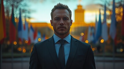 man in suit facing the camera, surrounded by flags, with his back to government building in the background.
