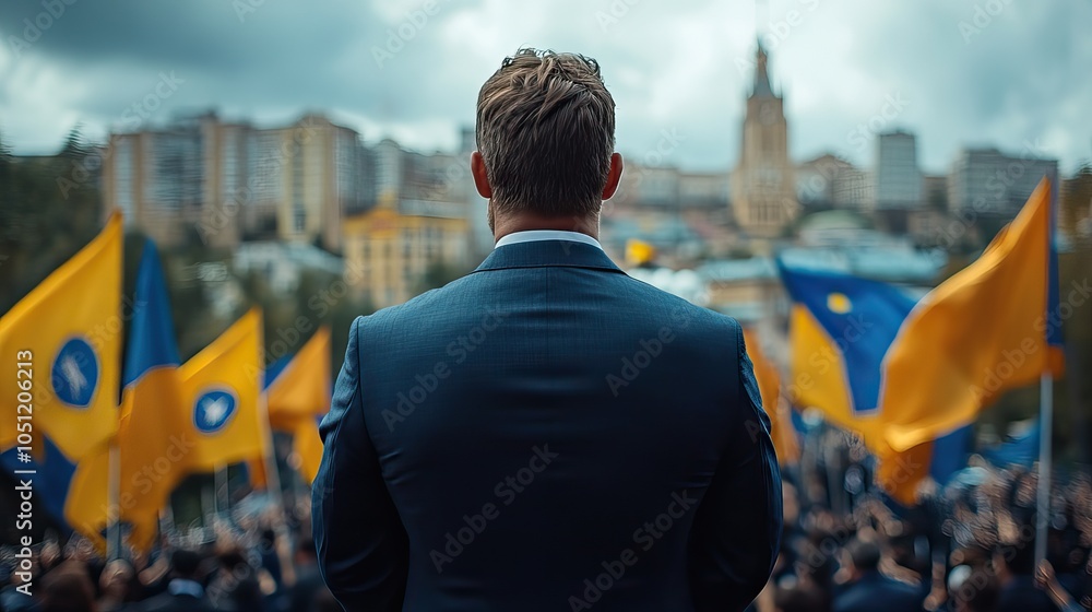 Aufkleber man in suit standing in front of crowd, with waving flags in the background, viewed from behind.illu