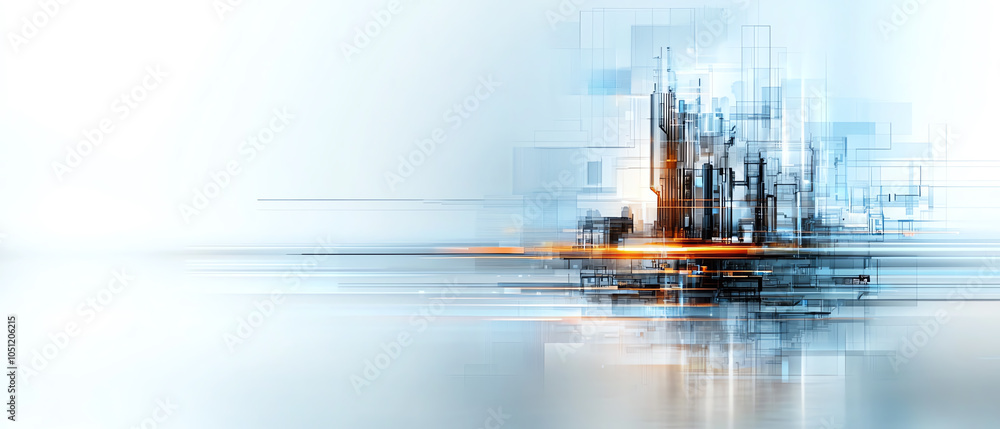 Poster exploring the intricacies of high-tech factory design through a detailed engineering blueprint persp