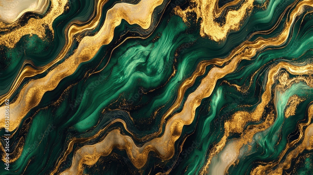 Poster abstract fractal pattern in rich gold and emerald, showcasing a luxurious and elegant visual perfect