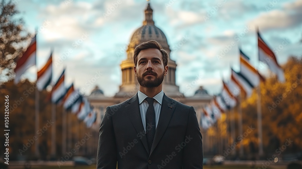 Poster man in suit standing in front of government building, surrounded by waving flags in the background.i