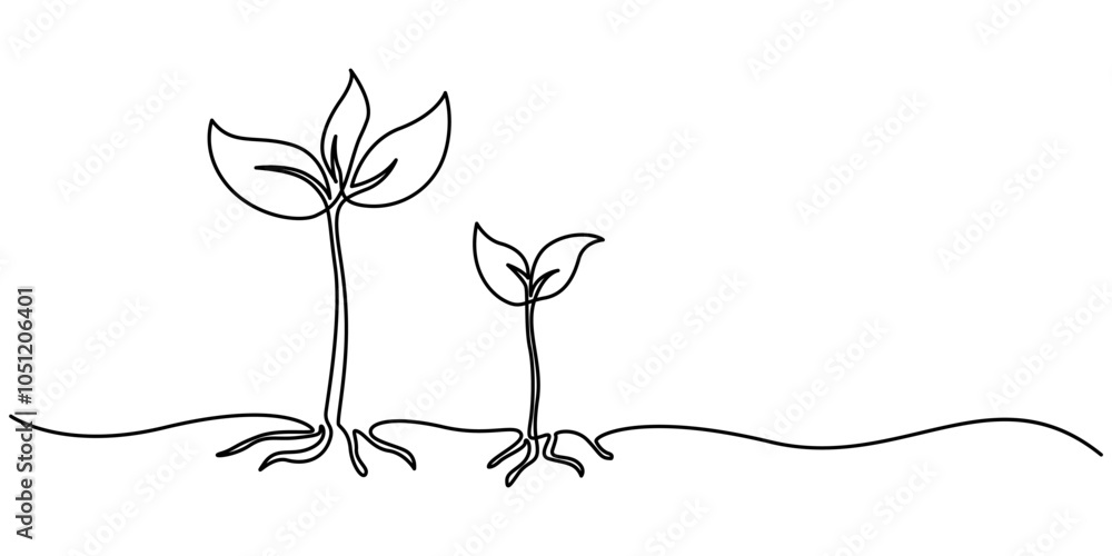 Poster continuous single line art drawing of plant growth processing from seed outline vector, single line 