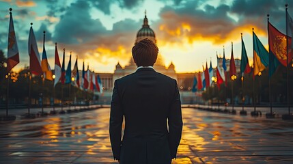 Fototapeta premium man in suit standing with his back to the camera, surrounded by waving flags, with government building behind.stock photo