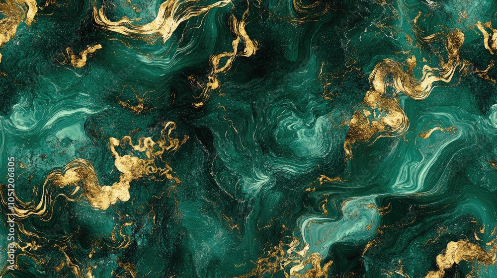 Poster luxurious fractal-inspired pattern with gold and emerald tones, creating an abstract, sophisticated 