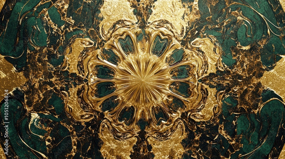 Poster luxurious fractal-inspired pattern with gold and emerald tones, creating an abstract, sophisticated 