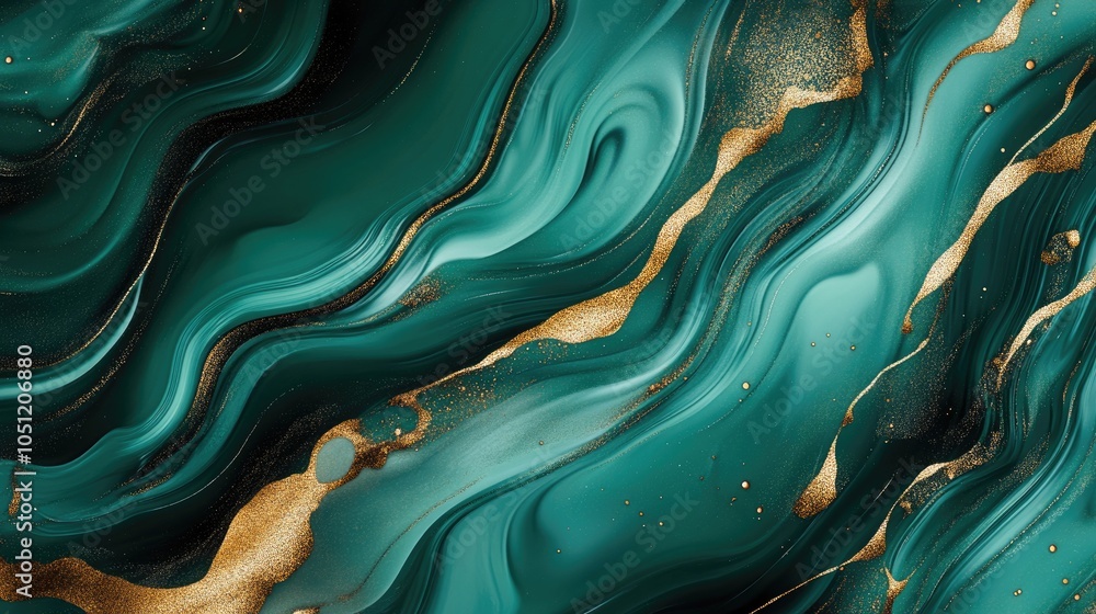 Poster a fractal pattern in shades of emerald and gold, creating a luxurious and abstract visual ideal for 