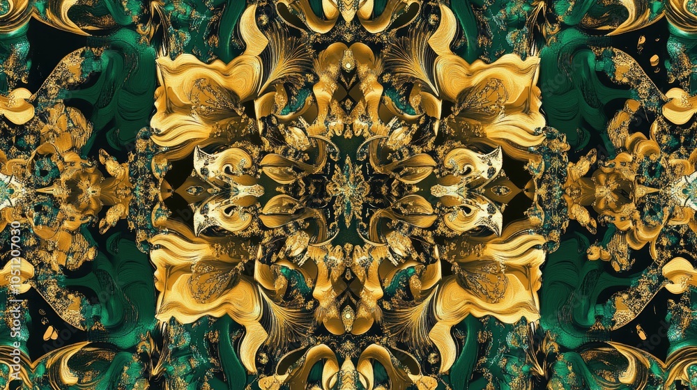 Poster a fractal-inspired pattern in gold and emerald hues, creating an abstract visual of luxurious elegan