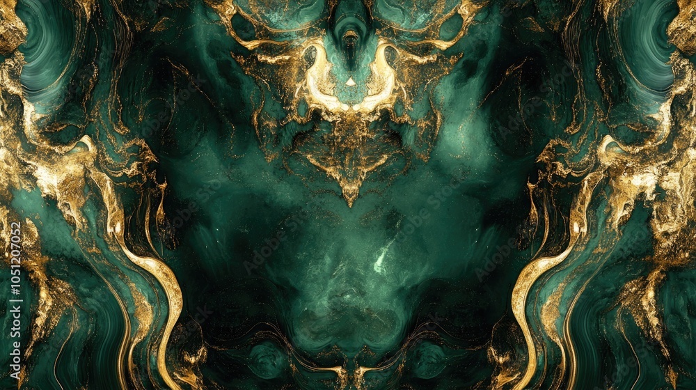 Poster a luxurious abstract fractal pattern in shades of gold and emerald, creating a sophisticated and ele