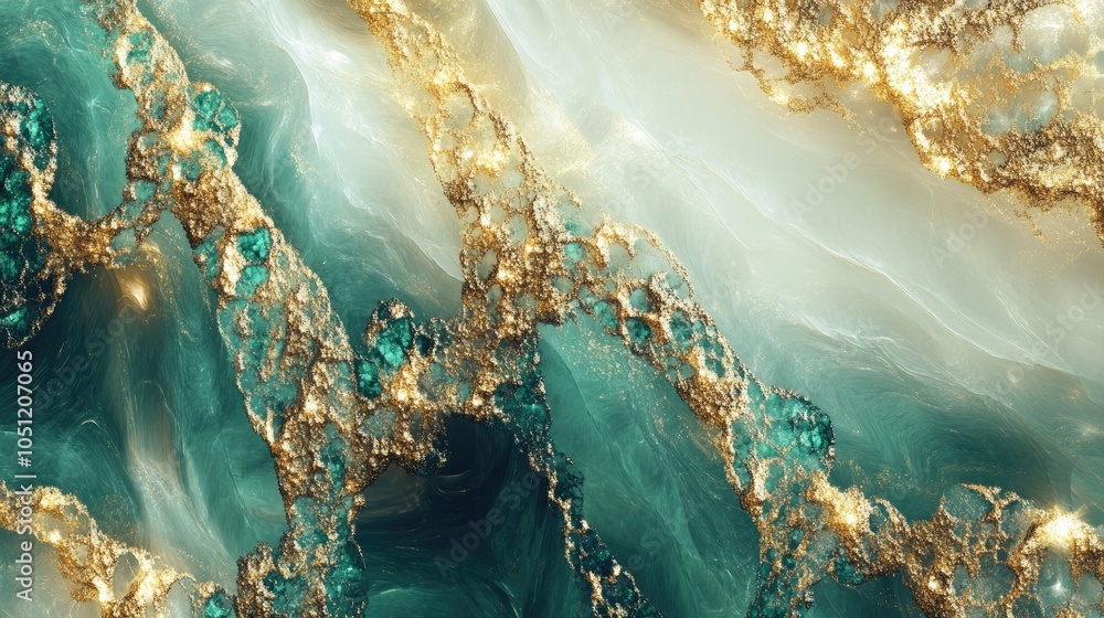 Poster a luxurious abstract fractal pattern in shades of gold and emerald, creating a sophisticated and ele