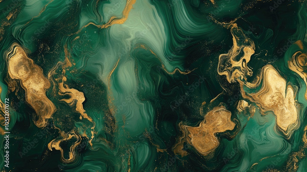 Poster a luxurious abstract fractal pattern in shades of gold and emerald, creating a sophisticated and ele