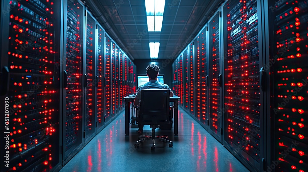 Poster man sitting at desk in front of computer surrounded by server racks, with blank background for website illustration