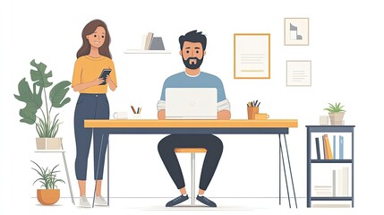 Fototapeta premium man seated at his desk working on laptop while woman stands beside him holding phone, with simple white background.