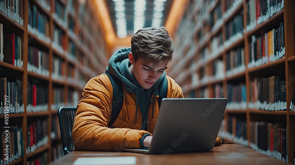 Poster man sitting at desk, using laptop with blank white screen, in library setting for online learning.image