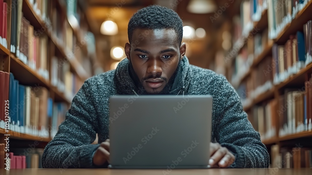 Poster man sitting at desk, using laptop with blank white screen, in library setting for online learning.il