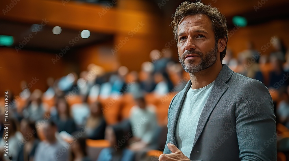 Poster man stands confidently in front of an audience, delivering speech with purpose and poise.