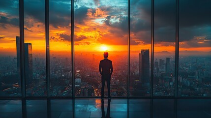 man stands in an office window, gazing out at the city view, representing ambition and success.