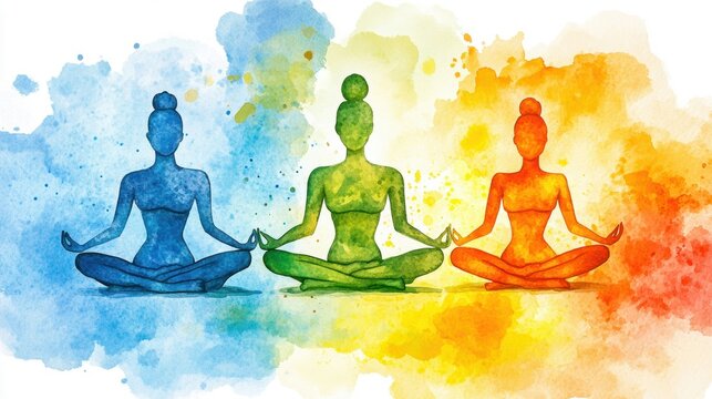 Three meditative figures in vibrant colors representing peace, balance, and mindfulness against a soft watercolor background.