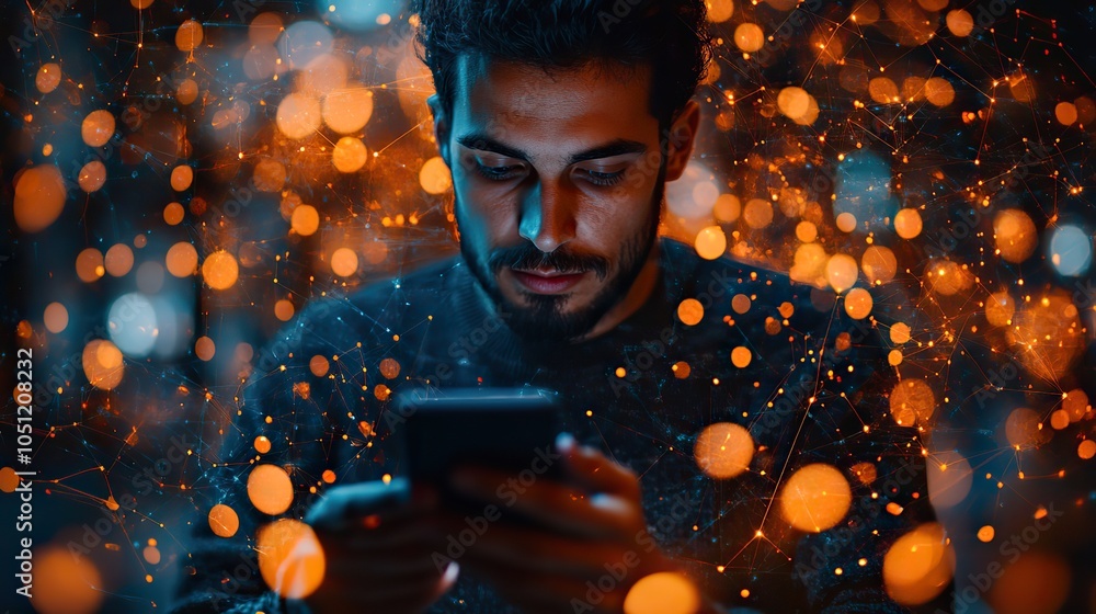 Poster man using smartphone with global network connections illustrating tech innovation.stock photo