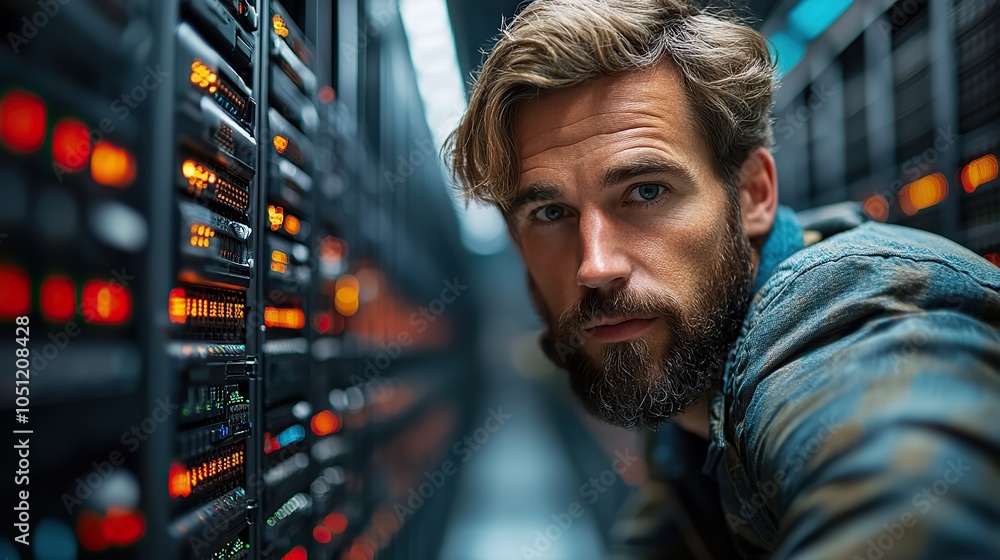 Aufkleber man working on computer in front of server racks, designed in Nordic style with clean, minimalist background.illustration