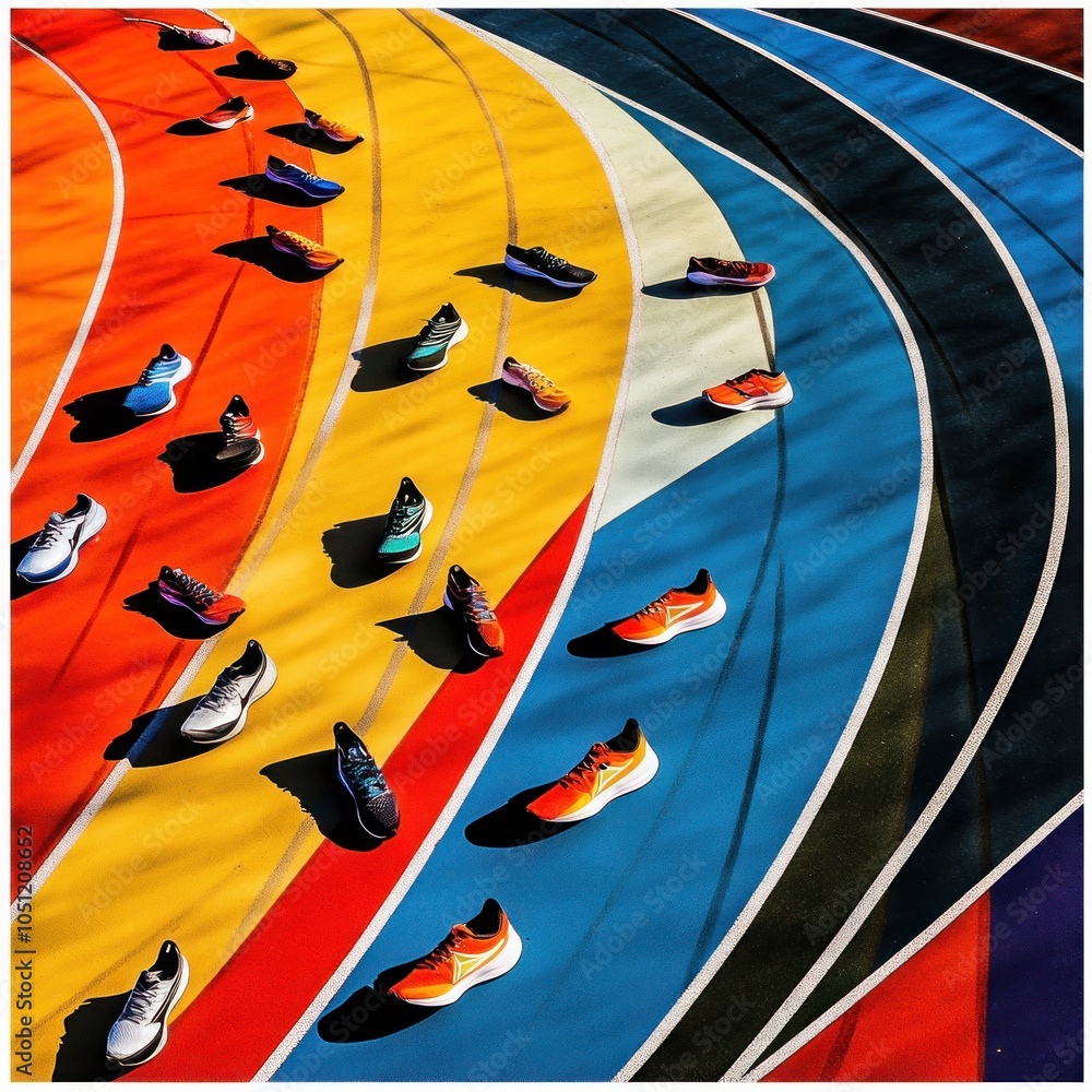 Poster a colorful running track with a variety of running shoes scattered across the lanes, creating a vibr