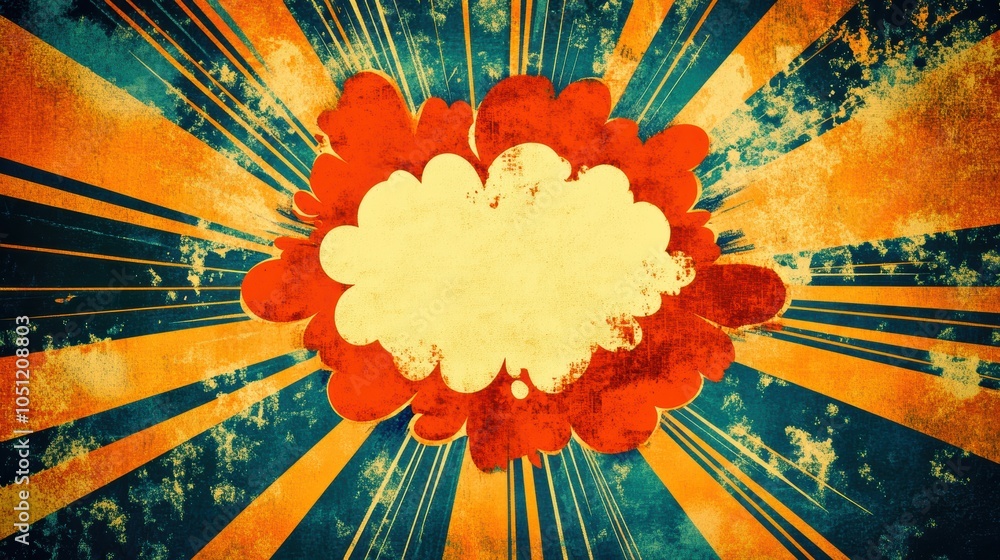 Poster vibrant retro background with colorful rays and a central empty bubble for text. perfect for creativ