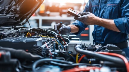Experienced Mechanic Testing Electrical Connections with Multimeter in High-Tech Garage