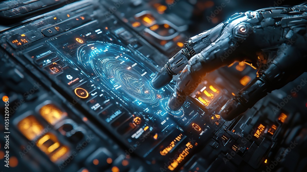 Poster mechanical robotic arm interacting with holographic interface, pressing button.