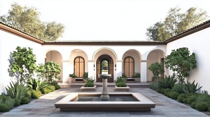 Obraz premium Mexican Hacienda featuring stucco walls, minimalist arches, central open courtyard. AI generated