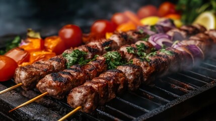 Fresh Grilled Skewers at an Urban Food Market
