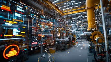 Fototapeta premium Technologically Advanced Gas Processing Plant with Digital Monitoring Systems and Robotic Arms