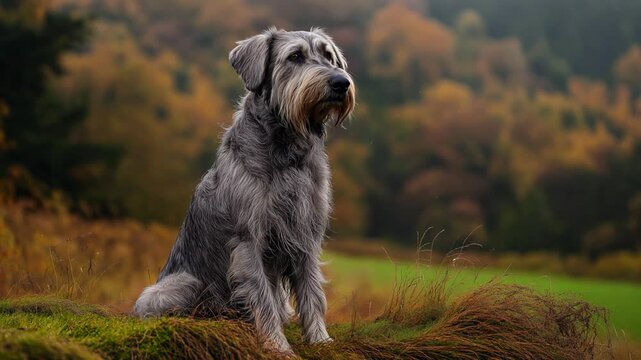 a dog iris Wolfhound sitting at grass field in autumn season
