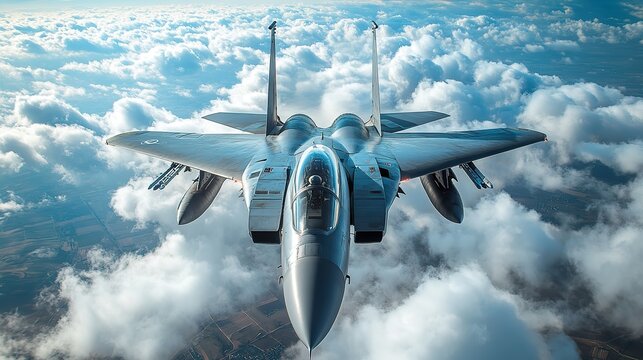 military jet breaking the sound barrier in blue sky filled with clouds.image