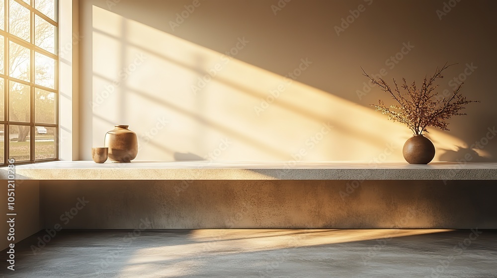 Poster minimalistic empty white tabletop ideal for mockups or showcasing products.