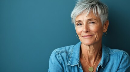 Smiling elder in blue shirt, self-care, retirement, old people.