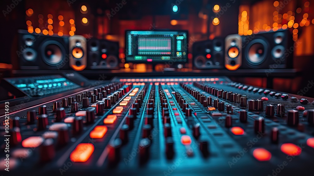 Poster modern music studio with advanced equipment, mixing desks, and large screens displaying recording so