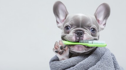 adorable french bulldog puppy wrapped in gray towel, holding green toothbrush in mouth, large bat ears, white background, pet hygiene concept, studio photography