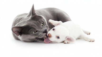 amusing cat and dog portrait, grey cat showing dominance, playful puppy pose, pure white environment, professional photography style, spontaneous moment, fine fur detail, gentle shadows