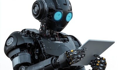 Naklejka premium Ai robot using tablet isolate on white background