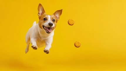 animated pet food advertisement concept, happy dog airborne with treat, minimalist composition, bright yellow background, commercial pet imagery